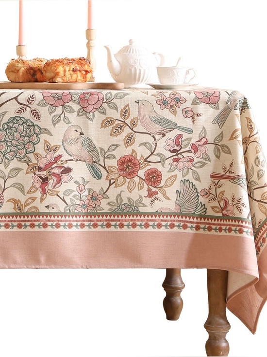 Patdrea Other - Patdrea Pink Floral Bird Linen Tablecloth French Vintage Rectangle 55x71 NWT